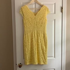 Yellow formal wear dress with floral lace overlay